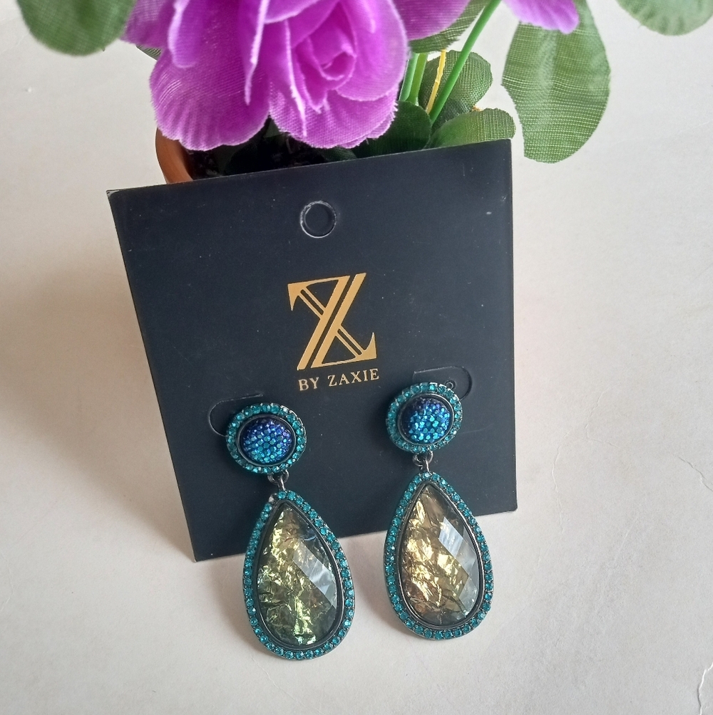 Z By Zaxie Pear Shaped Blue Rhinestone Green Designer Earrings
